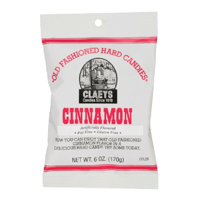 Front of Claeys Old Fashioned Candy Cinnamon bag showing brand logo, "Cinnamon" flavour text, and net weight of 170g