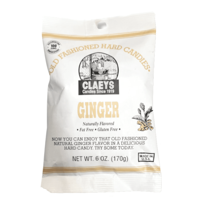 Front of Claeys Old Fashioned Candy Ginger bag showing logo, naturally flavoured ginger label, and 170g pack size