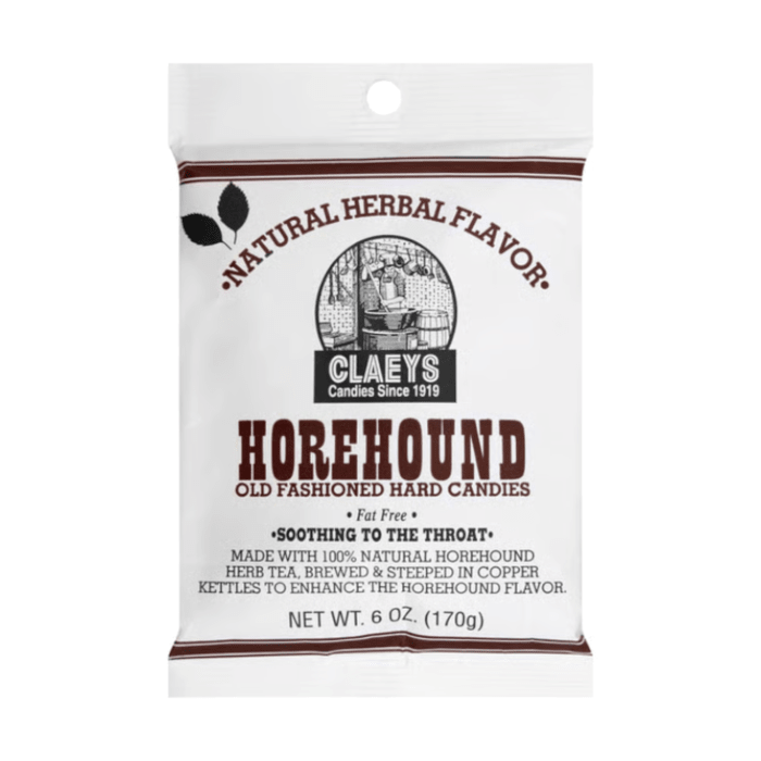 Front of Claeys Old Fashioned Candy Horehound bag featuring logo, natural herbal flavour label, and 170g pack size
