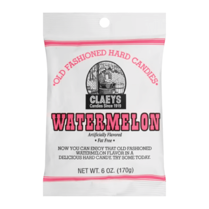 Front of Claeys Old Fashioned Candy Watermelon bag showing logo, watermelon flavour label, and pack size (170g)