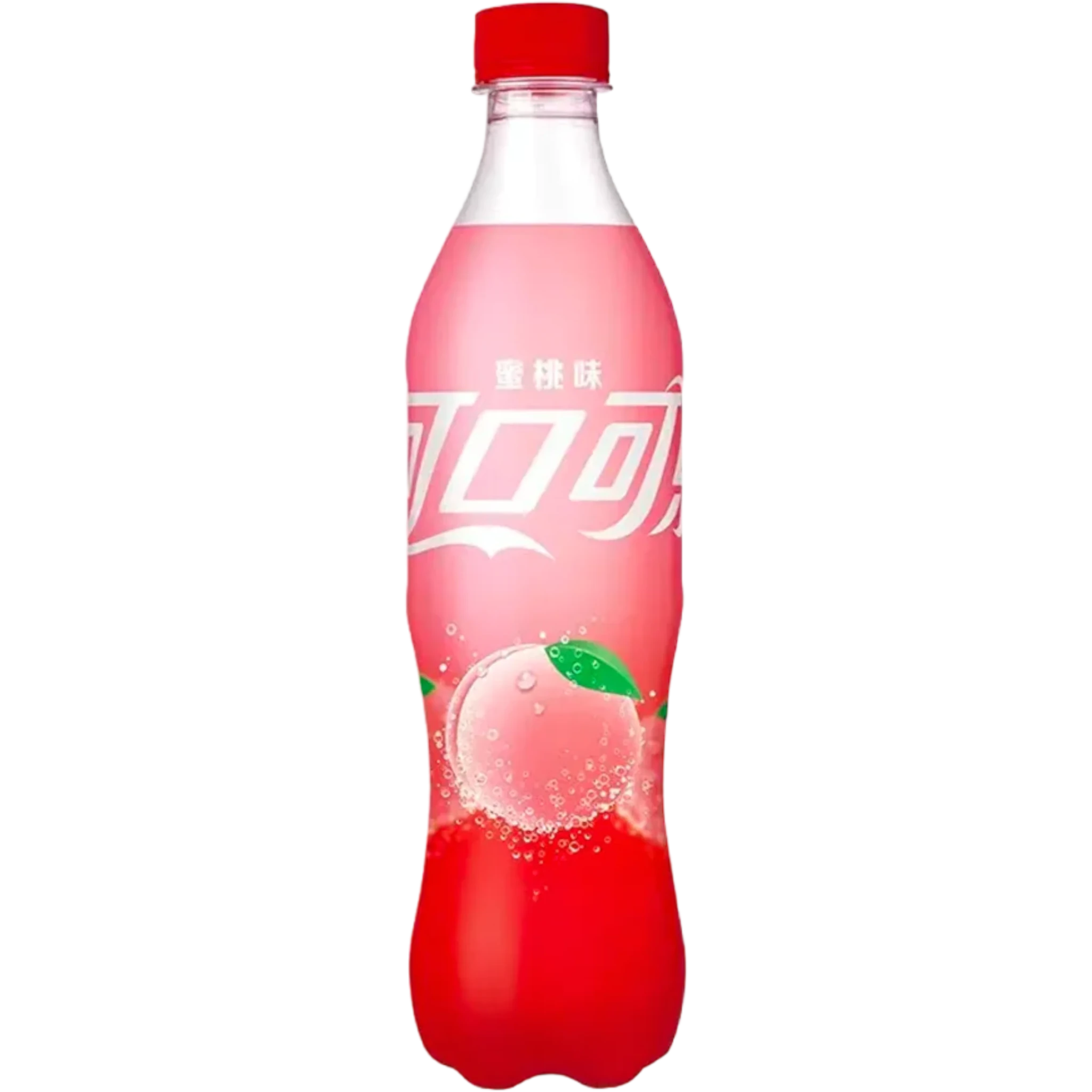 Front of Coca Cola Peach (China) bottle displaying logo, peach flavour label, and distinct pink beverage (500ml)