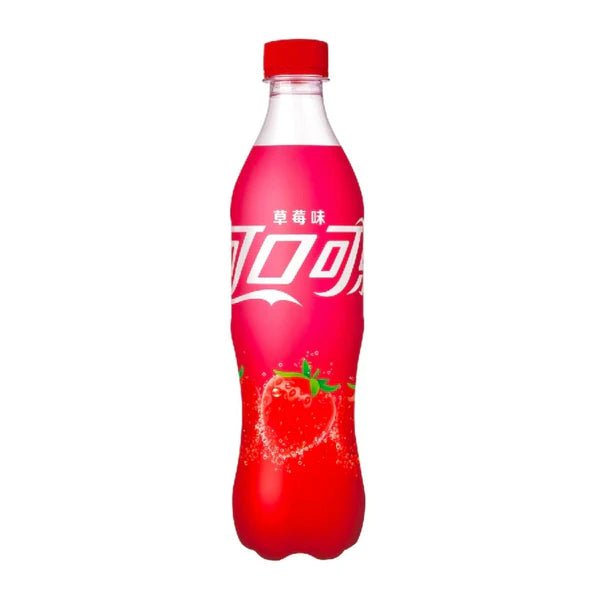 Front of Coca Cola Strawberry (China) bottle showing vibrant pink design with logo and strawberry imagery (500ml pack)