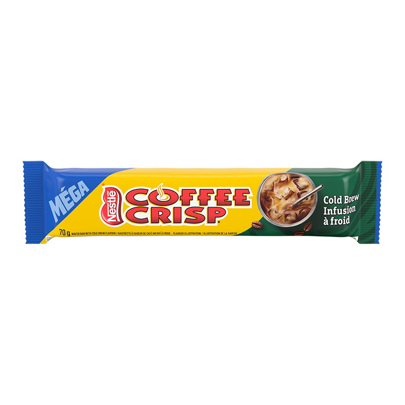 Front of Coffee Crisp Mega Cold Brew bar showing the vibrant yellow logo, cold brew flavour details, and 70g pack size.