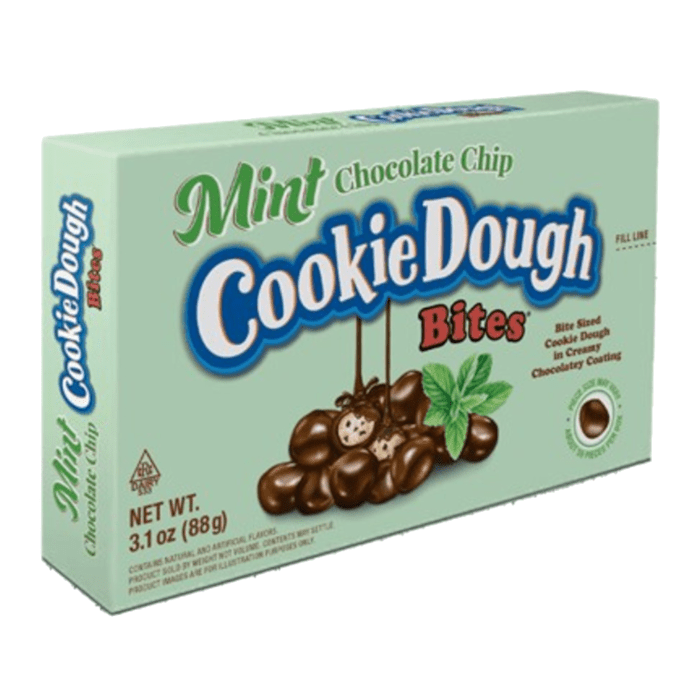 Front of Cookie Dough Bites Mint Chocolate Chip box showing logo, mint chocolate chip flavour label, and bite-sized cookie dough pieces (88g pack)