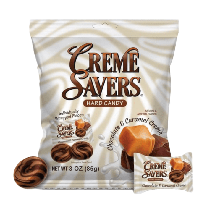 Front of Creme Savers Hard Candy Chocolate & Caramel Creme bag showing logo and individually wrapped pieces (85g pack)