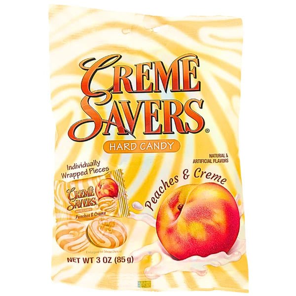 Front of a bag of Creme Savers Hard Candy Peaches & Creme showcasing logo and peach graphics (85g pack)