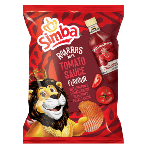 Front of a red bag of Simba Potato Chips Wellington's Tomato Sauce featuring a lion mascot, tomato sauce details, and 36g pack size.