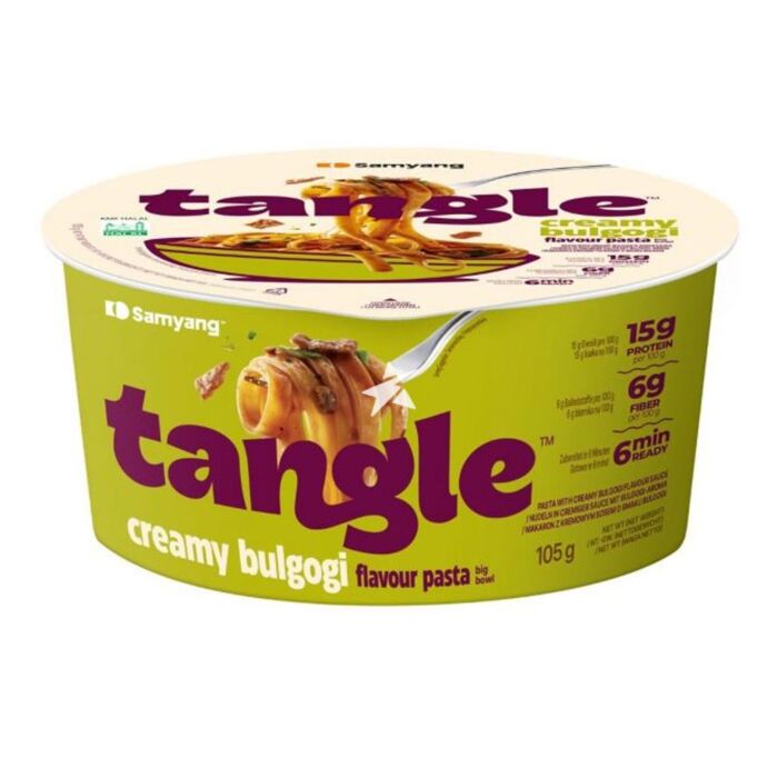 Front of Samyang Tangle Creamy Bulgogi Flavour Pasta cup showing logo and creamy flavour pasta (105g pack)