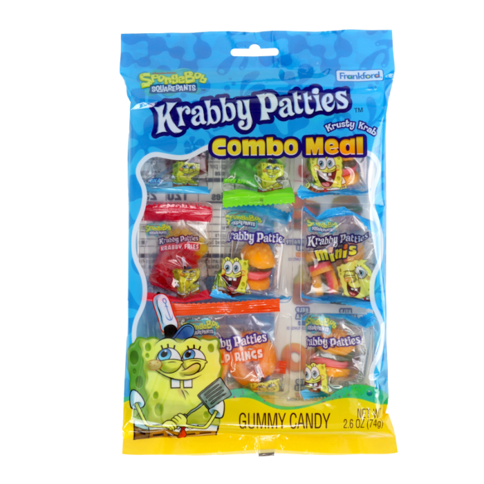 Front of SpongeBob SquarePants Krabby Patty Gummy Combo Meal Tray showing colourful gummy candies in a fun design (74g pack)