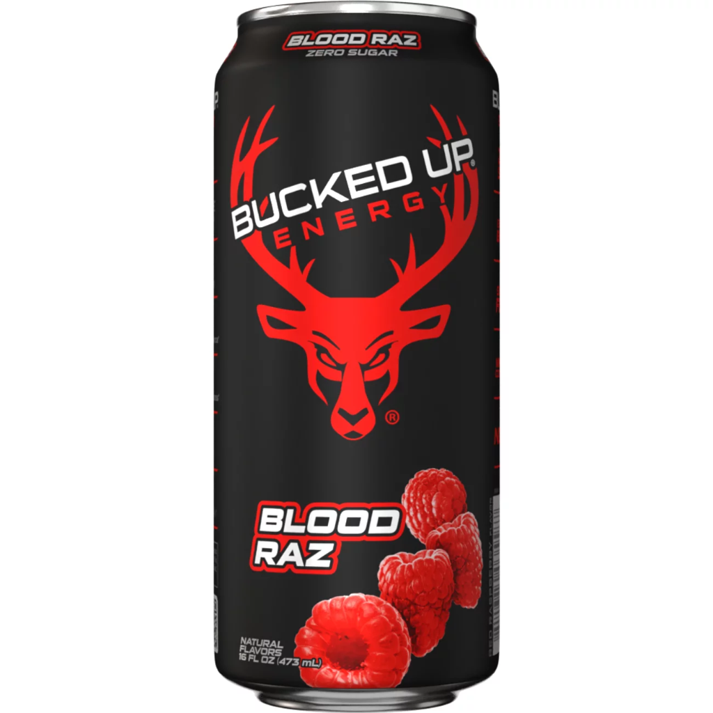 Front of Bucked Up Energy Blood Raz can featuring logo, vibrant red deer graphic, raspberry flavour, and 473ml size.