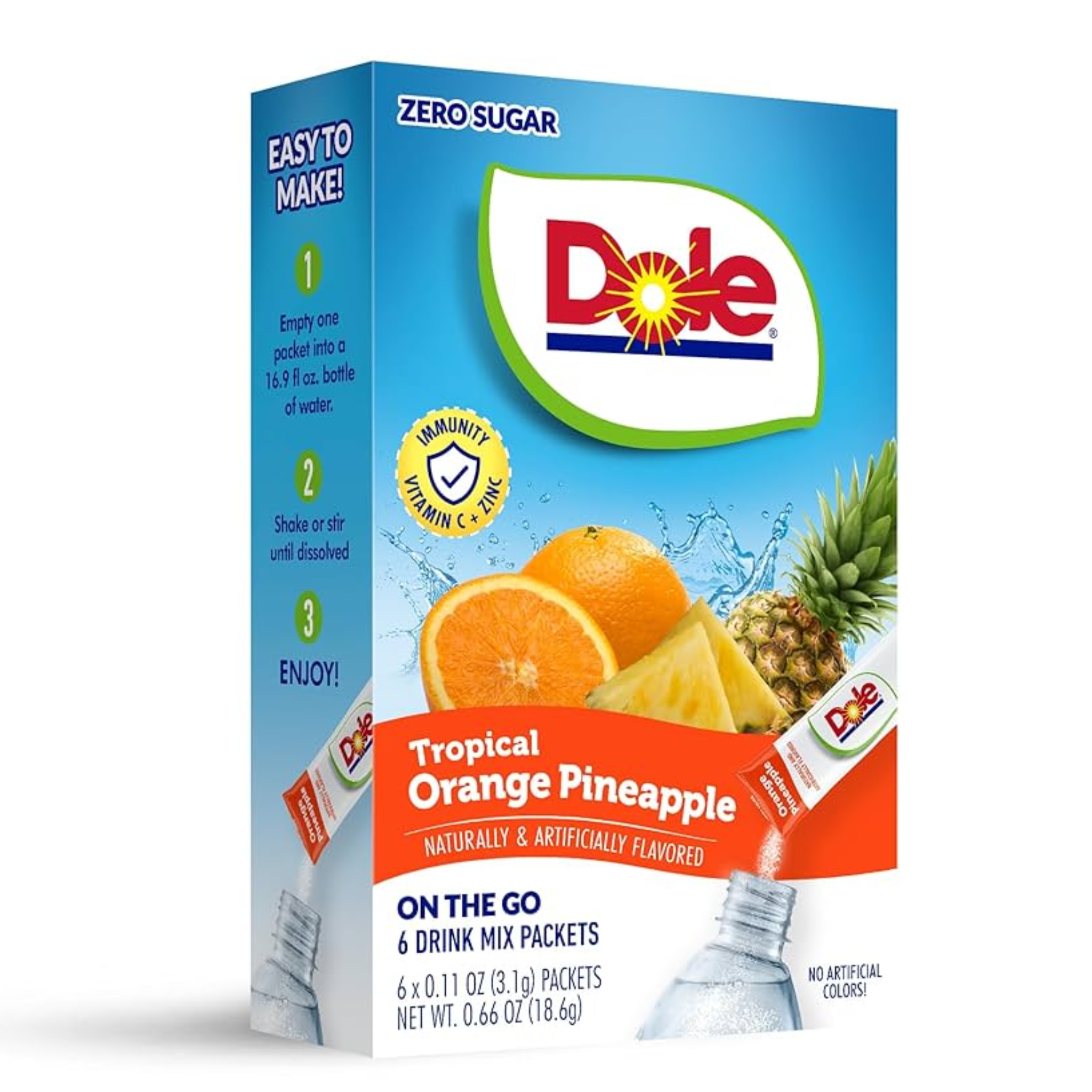 Front of Dole Orange Pineapple Singles To Go box showing brand logo, tropical orange and pineapple flavour, and 6 drink mix packets (18g)
