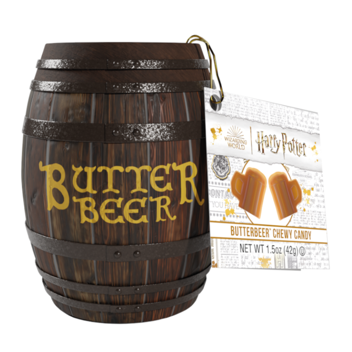 Front of Harry Potter Butterbeer Chewy Candy barrel tin featuring the Butterbeer label and the product name (42g)