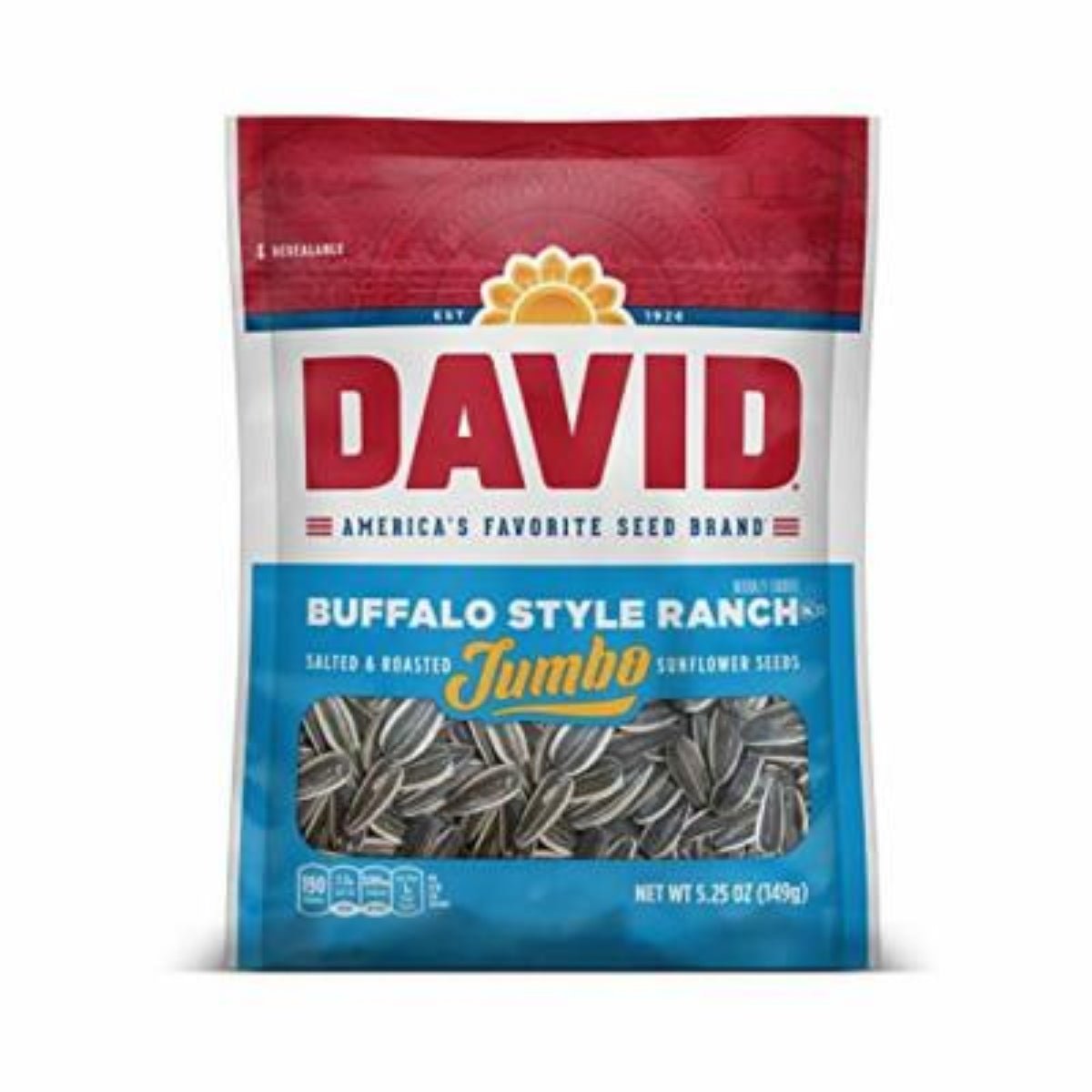 Front of David's Jumbo Sunflower Seeds Buffalo Style Ranch bag showing bold red logo, buffalo style ranch flavour, and jumbos sunflower seeds (149g pack)
