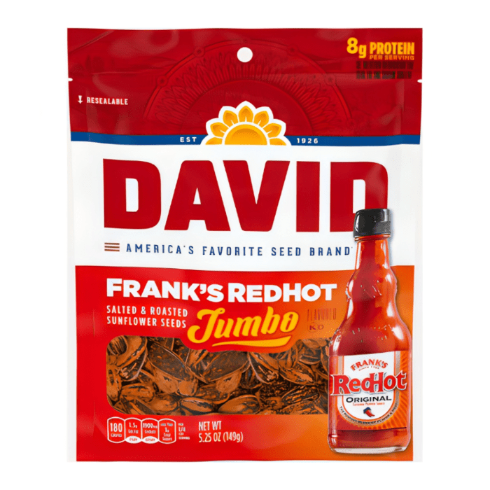 Front of David's Jumbo Sunflower Seeds Frank's Red Hot bag showing brand logo, sunflower seed image, and Frank's Red Hot sauce bottle (149g pack)
