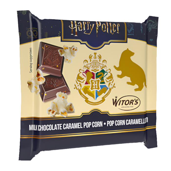 Front of Harry Potter Milk Chocolate Caramel Popcorn bag showing logo, caramel popcorn, and chocolate bar image (40g pack)