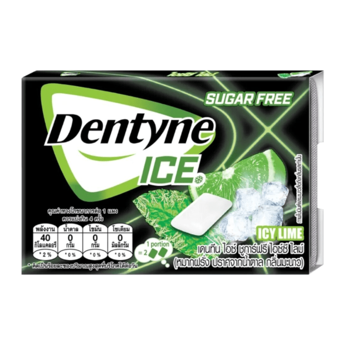 Front of Dentyne Ice Chewing Gum package featuring lime flavour, sugar-free label, and a fresh design with mint leaves (11g pack)