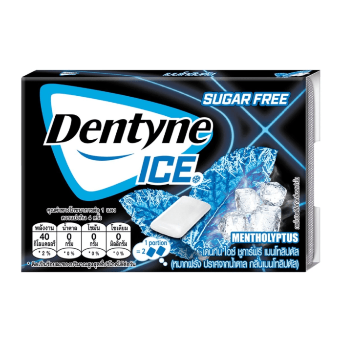 Front of Dentyne Ice Chewing Gum pack showing the blue and white logo, Menolyptus flavour label, and sugar-free indication (11g pack)