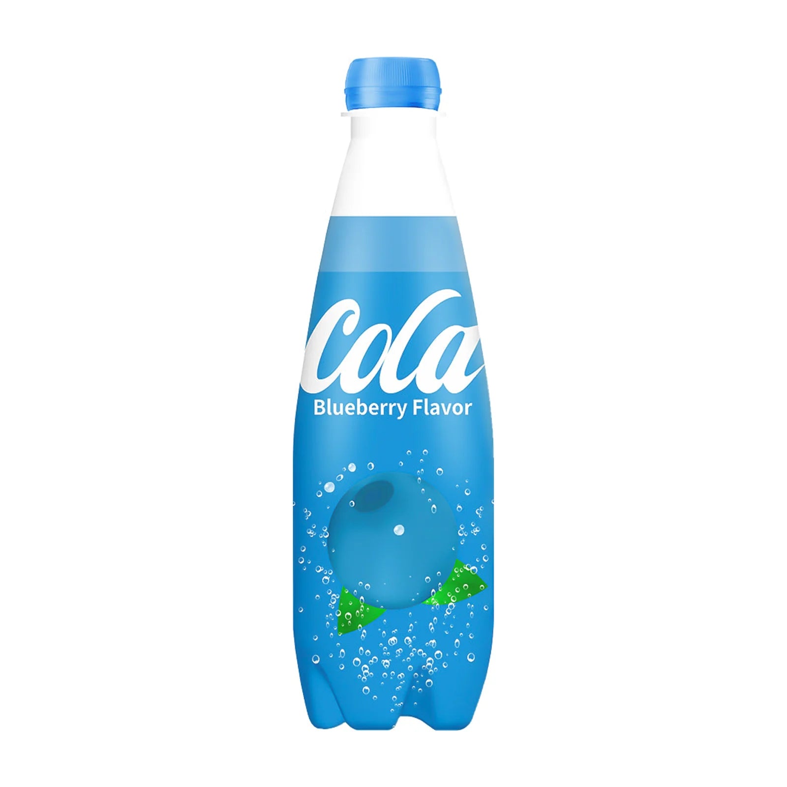 Front of Cola Blueberry bottle showing the blue label with bubbly design and "Blueberry Flavor" text (400ml)