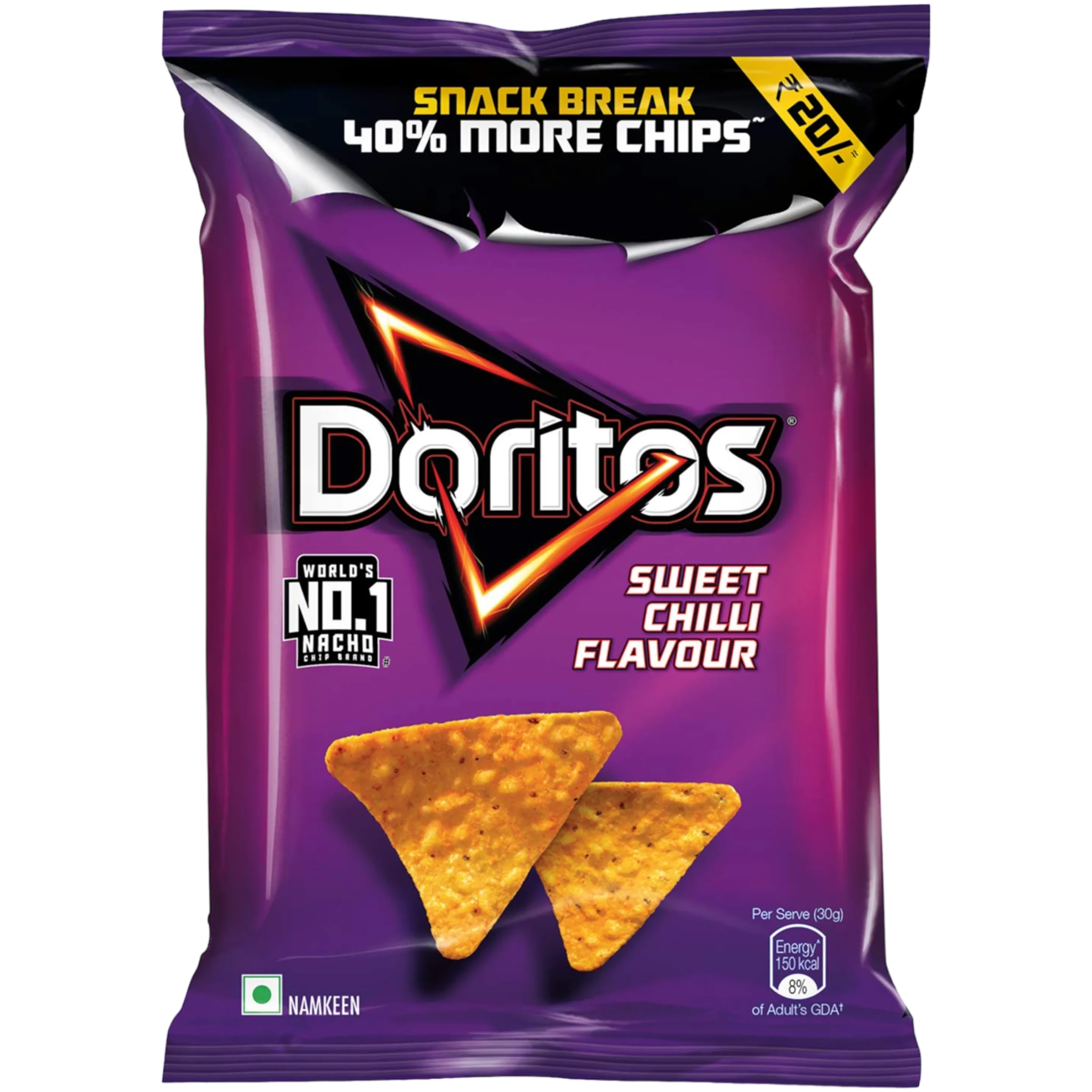 Front of Doritos Sweet Chilli bag showing bold logo, purple packaging, and crispy tortilla chips (44g pack)
