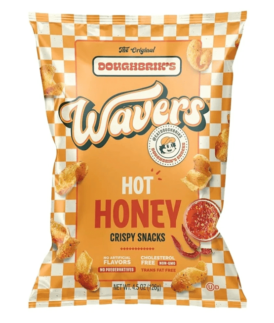 Front of Doughbrik’s Wavers Hot Honey Crispy Snacks bag showing logo and vibrant packaging design (126g)