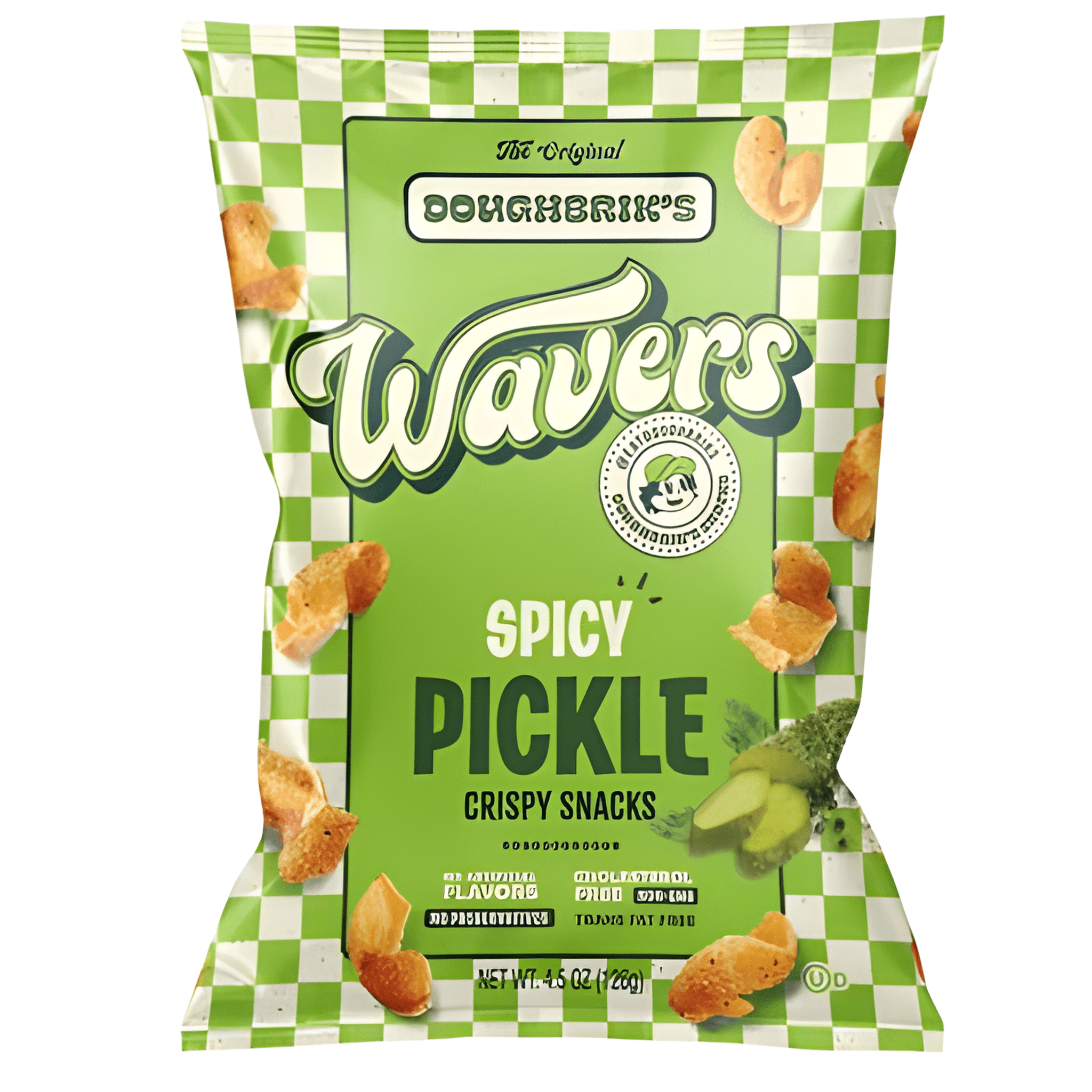 Front of Doughbrik’s Wavers Spicy Pickle Crispy Snacks bag with logo and green checkered pattern (126g pack)