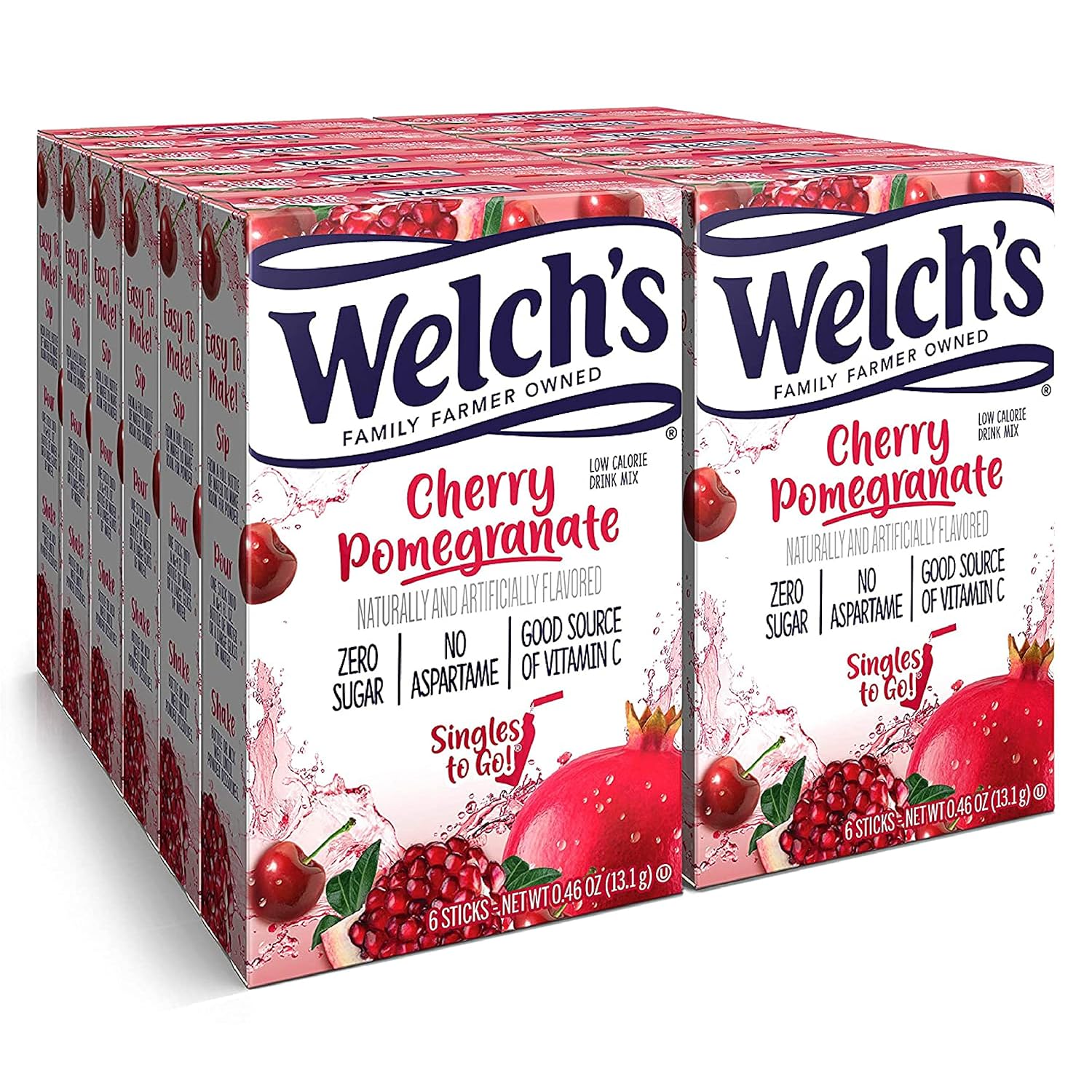Front of Welch's Cherry Pomegranate Singles To Go box displaying the brand logo, cherry pomegranate flavour label, and 12 pack of drink mix sticks (157.2g)