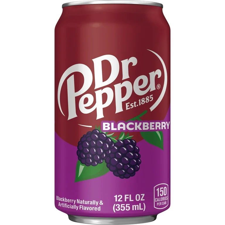 Front of Dr Pepper Blackberry can showing the Dr Pepper logo, blackberry flavour label, and packaging details (355ml)