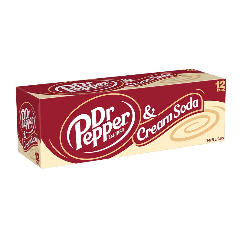 Front of Dr Pepper & Cream Soda case showing logo, flavour combination, and pack size (12 pack of 355ml cans)
