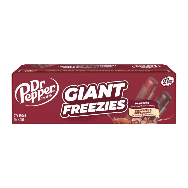 Front of Dr Pepper Giant Freezies Ice Pops box showing the Dr Pepper logo, Giant Freezies label, and icy pops in a 27 pack (27 x 150ml)