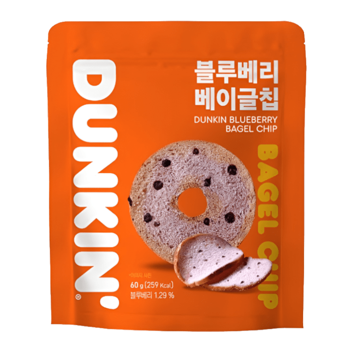 Front of Dunkin' Blueberry Bagel Chips package showing bright orange background, product title, and blueberry bagel chips image (60g pack)