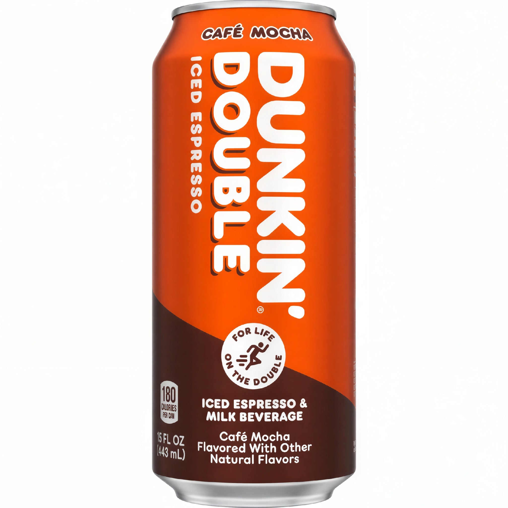 Front of Dunkin' Double Café Mocha Iced Espresso can showing orange logo, coffee drink details, and 443ml pack size