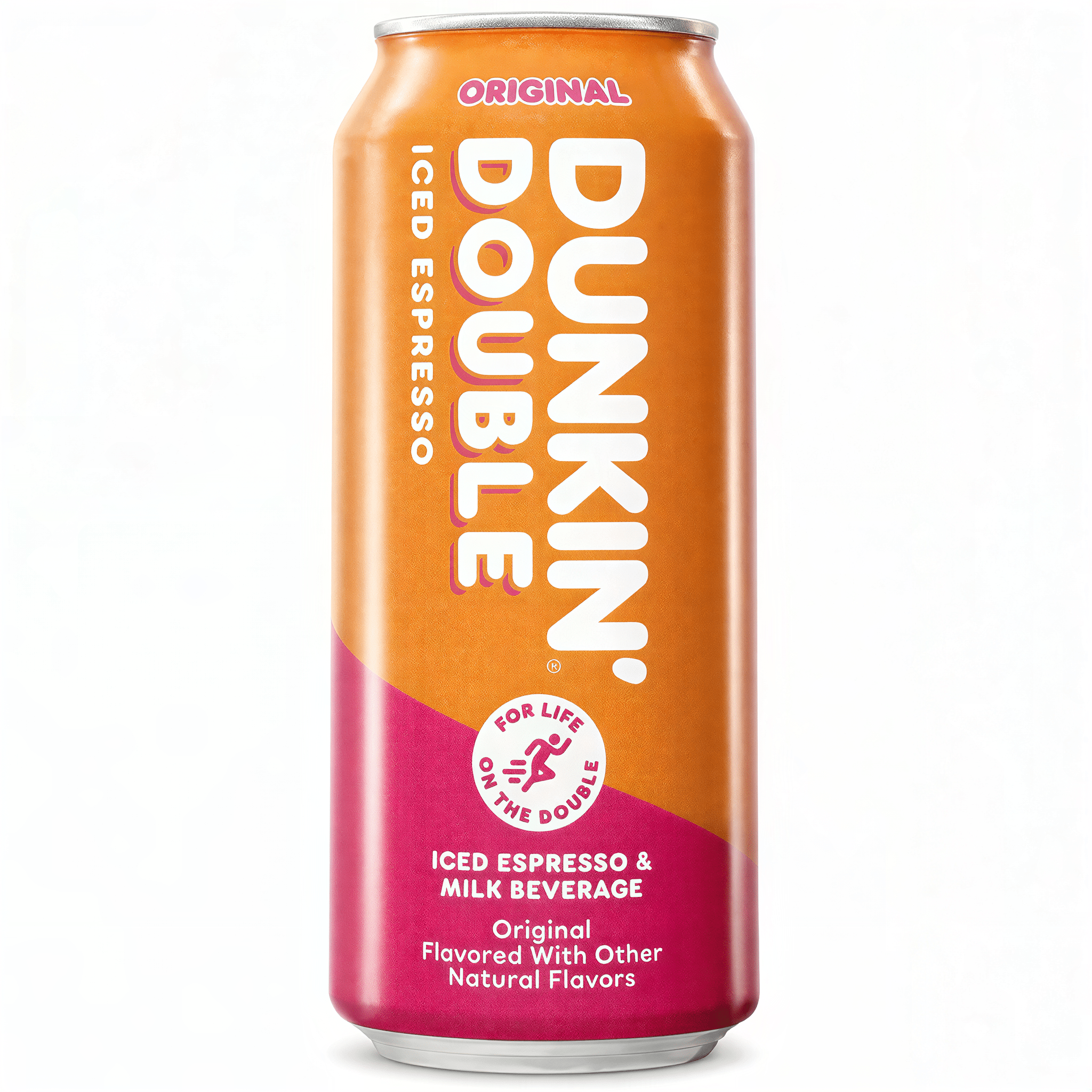 Front of Dunkin Iced Coffee Espresso Original can showing vibrant orange and pink design with coffee beverage details (443ml)