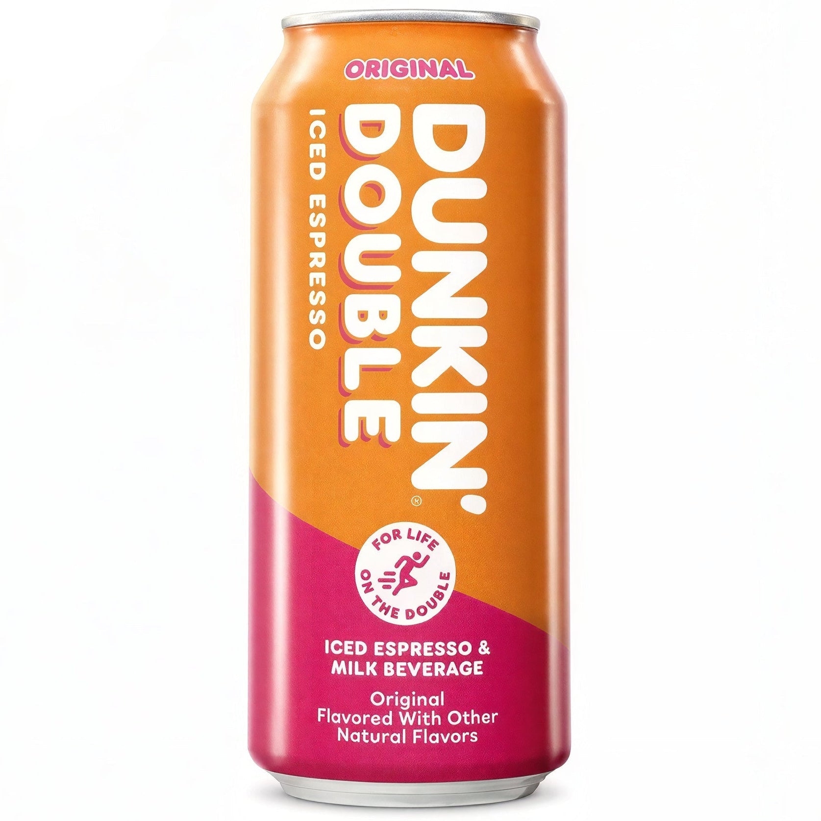 Front of Dunkin Iced Coffee Espresso Original can showing vibrant orange and pink design with coffee beverage details (443ml)