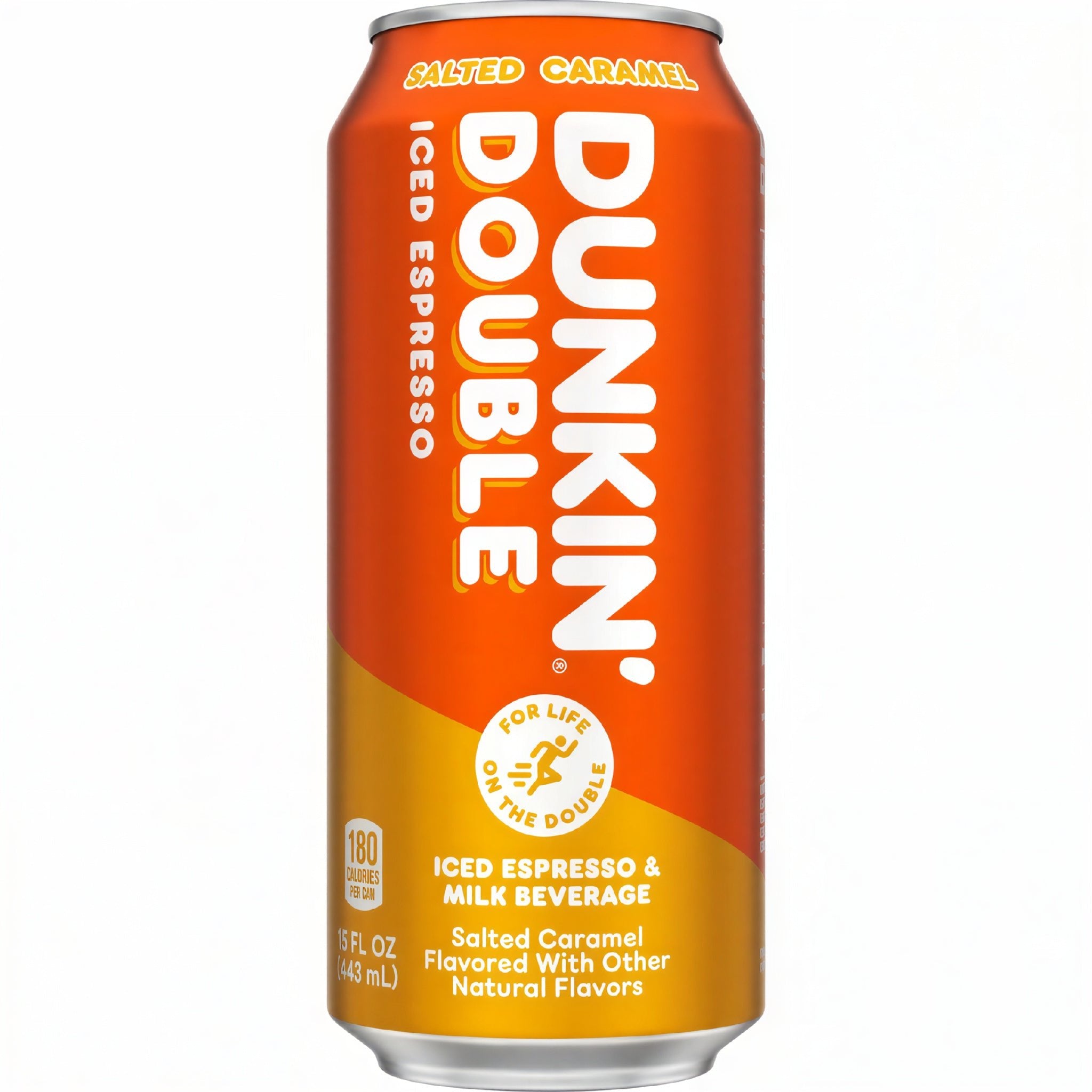 Front of Dunkin' Double Salted Caramel Iced Espresso can featuring bright orange logo, iced espresso and milk beverage label, and 443ml size