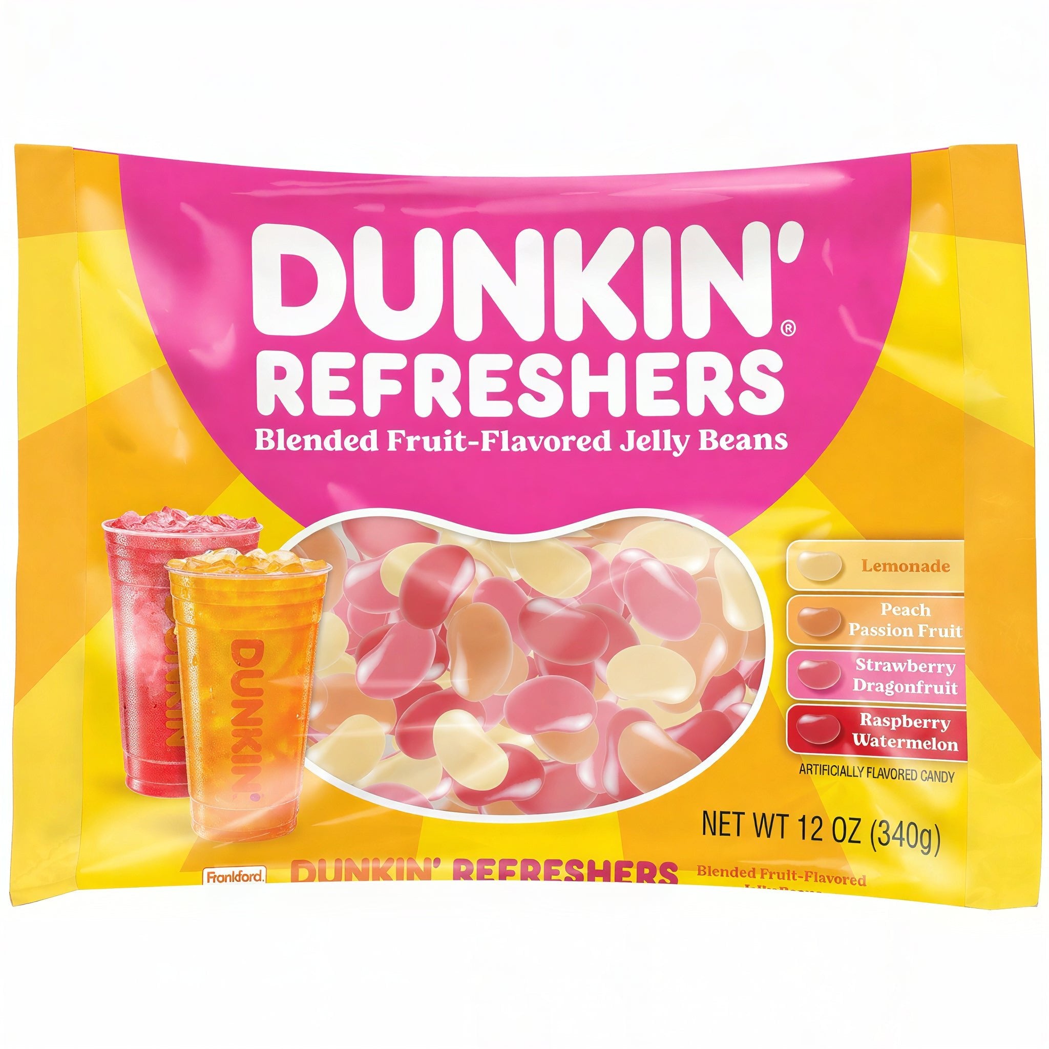A 12 oz bag of Dunkin' Refreshers Blended Fruit-Flavored Jelly Beans, featuring a bright yellow and pink package design with illustrations of lemonade and iced coffee drinks and a clear window showing the jelly beans inside.