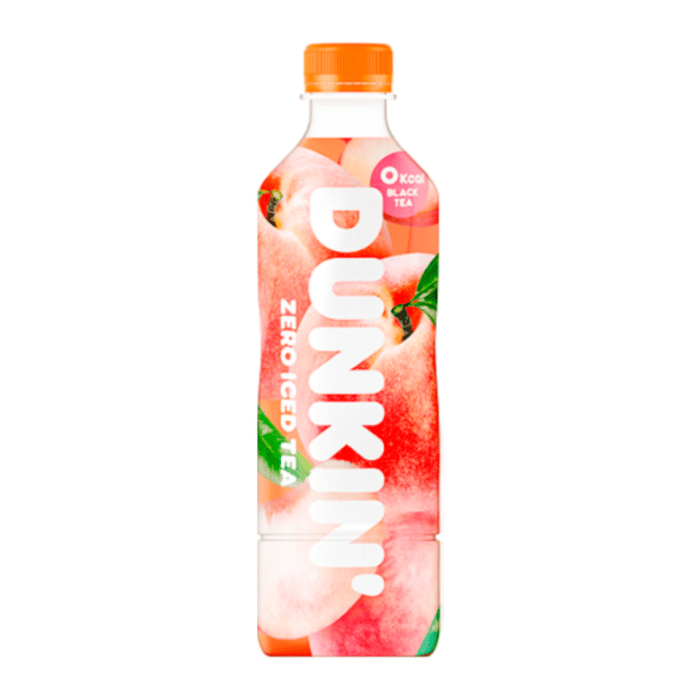 Front of Dunkin' White Peach Iced Tea Zero Sugar 500ml bottle featuring a vibrant design with peaches and the Dunkin' logo.