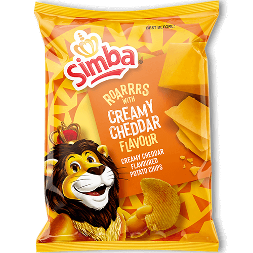 Front of a yellow bag of Simba Potato Chips Creamy Cheddar featuring logo, creamy cheddar flavour label, and image of potato chips (36g pack)