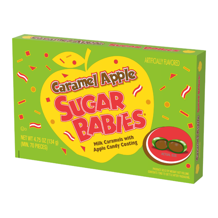 Front of Charms Caramel Apple Sugar Babies box featuring bright green background, large apple graphic, red and yellow text, and the pack size of 134g.