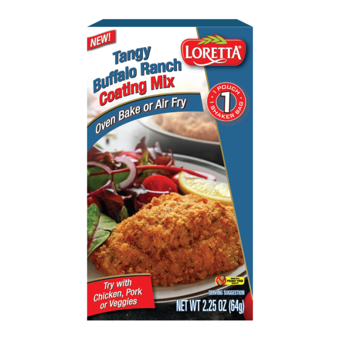 Front of Loretta Tangy Buffalo Ranch Coating Mix box featuring blue packaging, tangy buffalo ranch flavour, and a serving suggestion for chicken, pork, or veggies (64g pack)