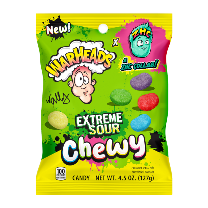 Front of Warheads Extreme Sour Chewy Peg Bag showing the vibrant green background, colourful chewy candy pieces, and the product name (127g)