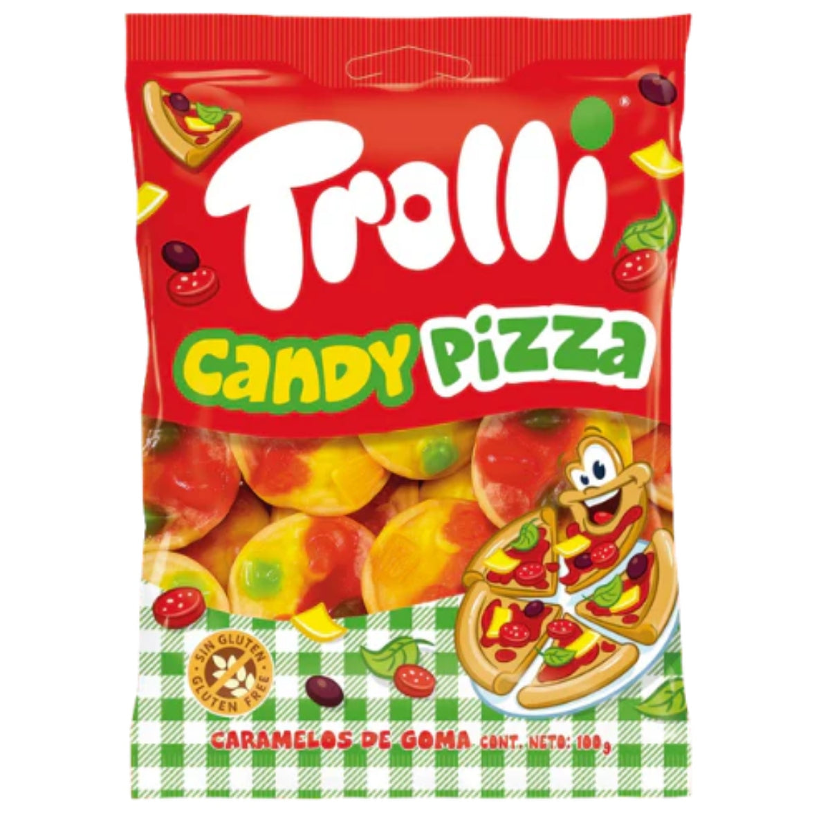 Front of Trolli Candy Pizza bag showing colourful gummy candies shaped like pizza slices (100g pack)