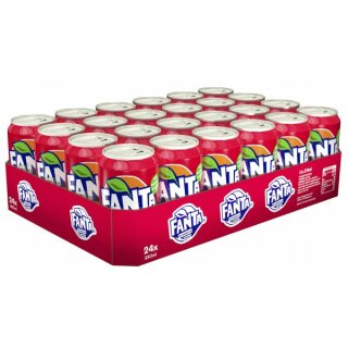 Front of a pack of Fanta Strawberry & Kiwi cans showing bright red logo and images of fruit (330ml, 24 pack)