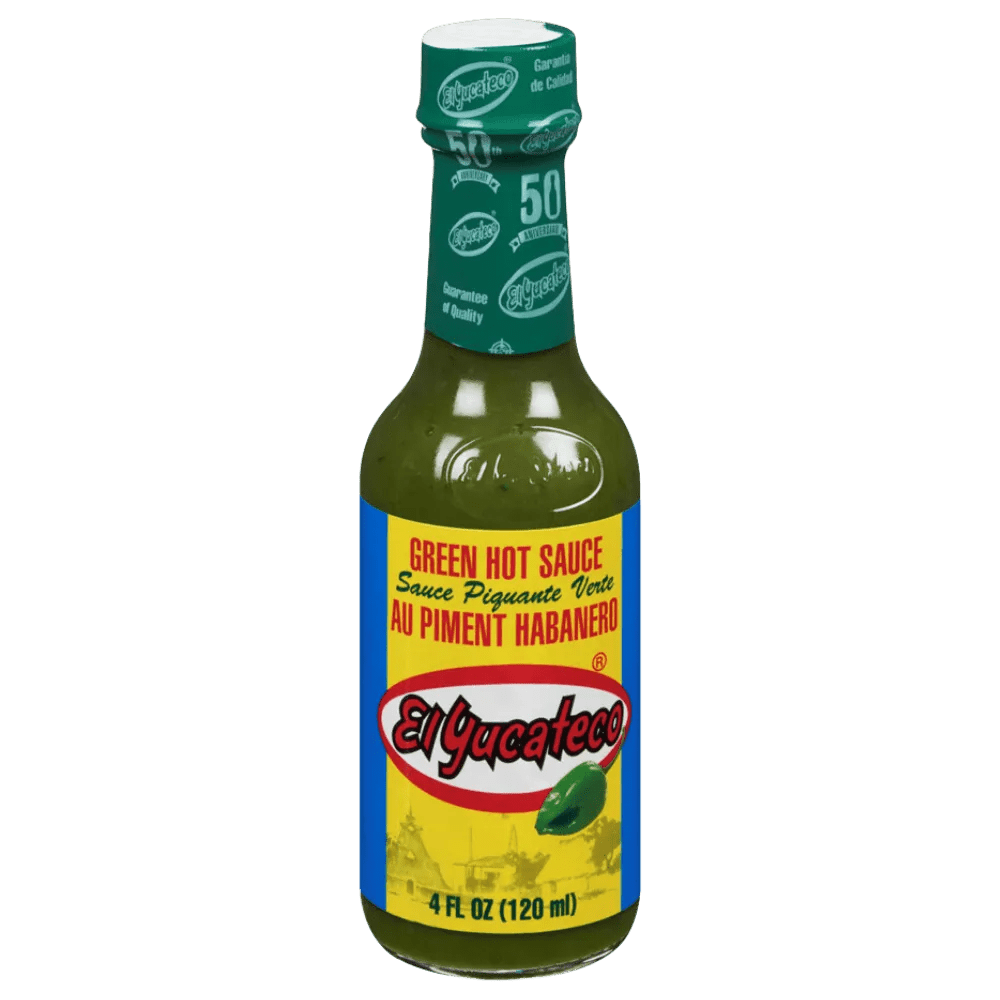 Front of El Yucateco Habanero Green Hot Sauce bottle showing brand logo, green hot sauce label, and 120ml size
