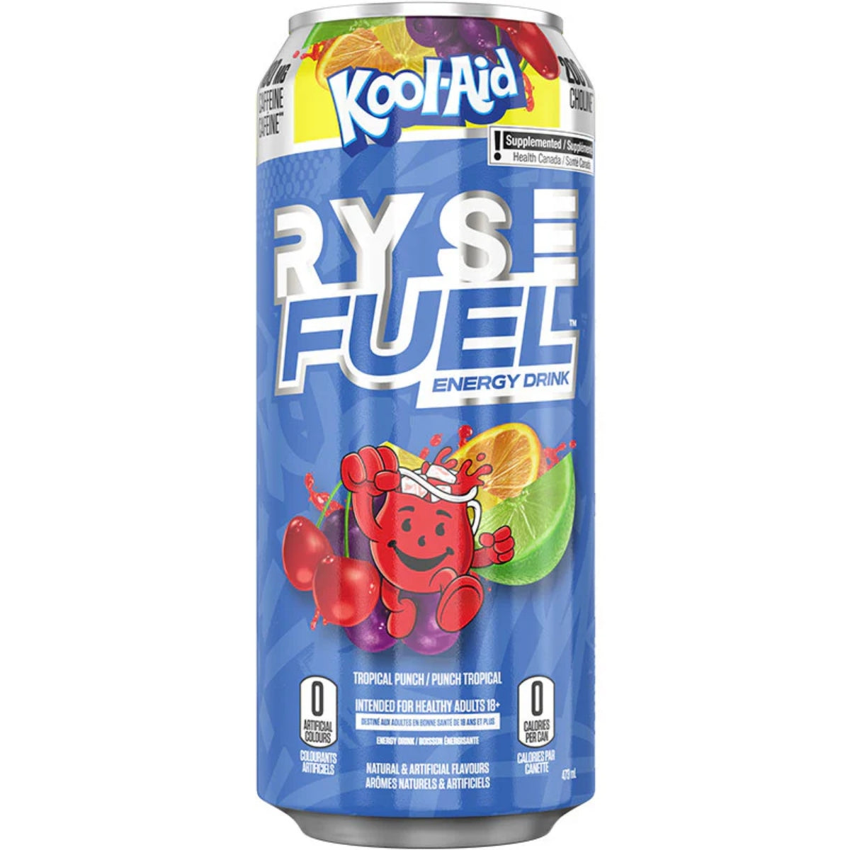 Front of Ryse Fuel Energy Drink Kool Aid can showing logo, tropical punch flavour, and vibrant fruit imagery (473ml)
