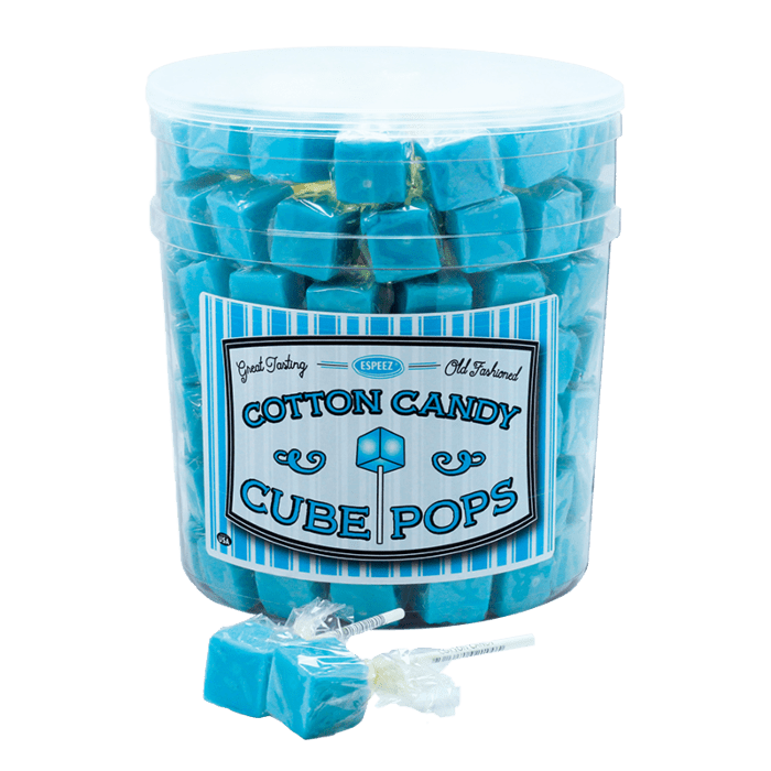 Front of a tub of Espeez Cotton Candy Cube Pops showing blue cubes with logo and text, 21g pack size included
