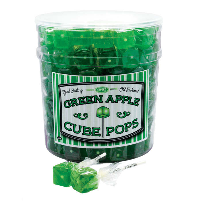 Front of Espeez Green Apple Cube Pops container showing vibrant green cube pops, logo, and flavour details (21g)