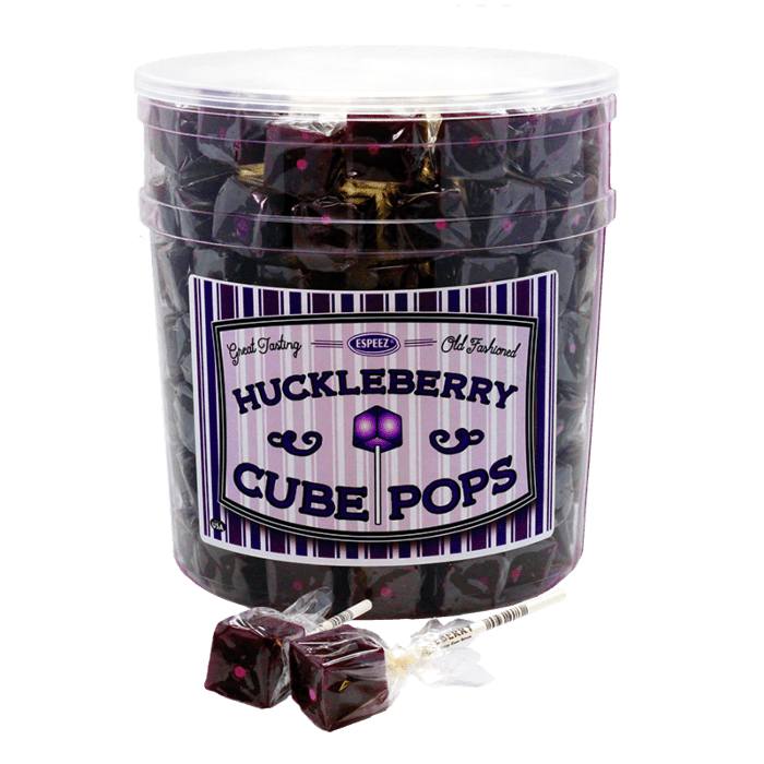 Front of Espeez Huckleberry Cube Pops tub showing the brand logo, huckleberry flavour label, and candy cubes (21g)