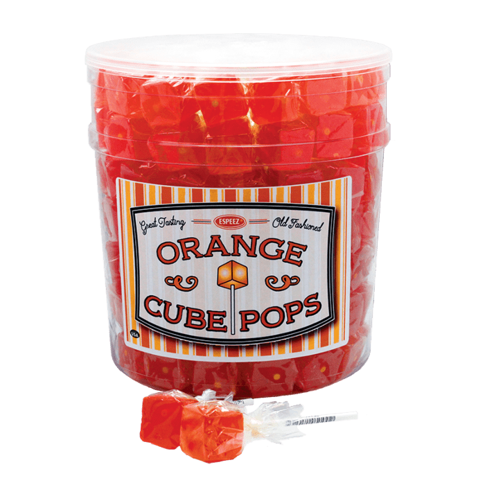 Front of Espeez Orange Cube Pops tub showing the logo, orange flavour label, and colourful candy pieces (21g)