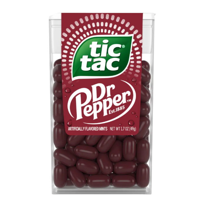 Front of Tic Tac Dr Pepper Flavour container displaying the logo and dark red mints in a 48g pack