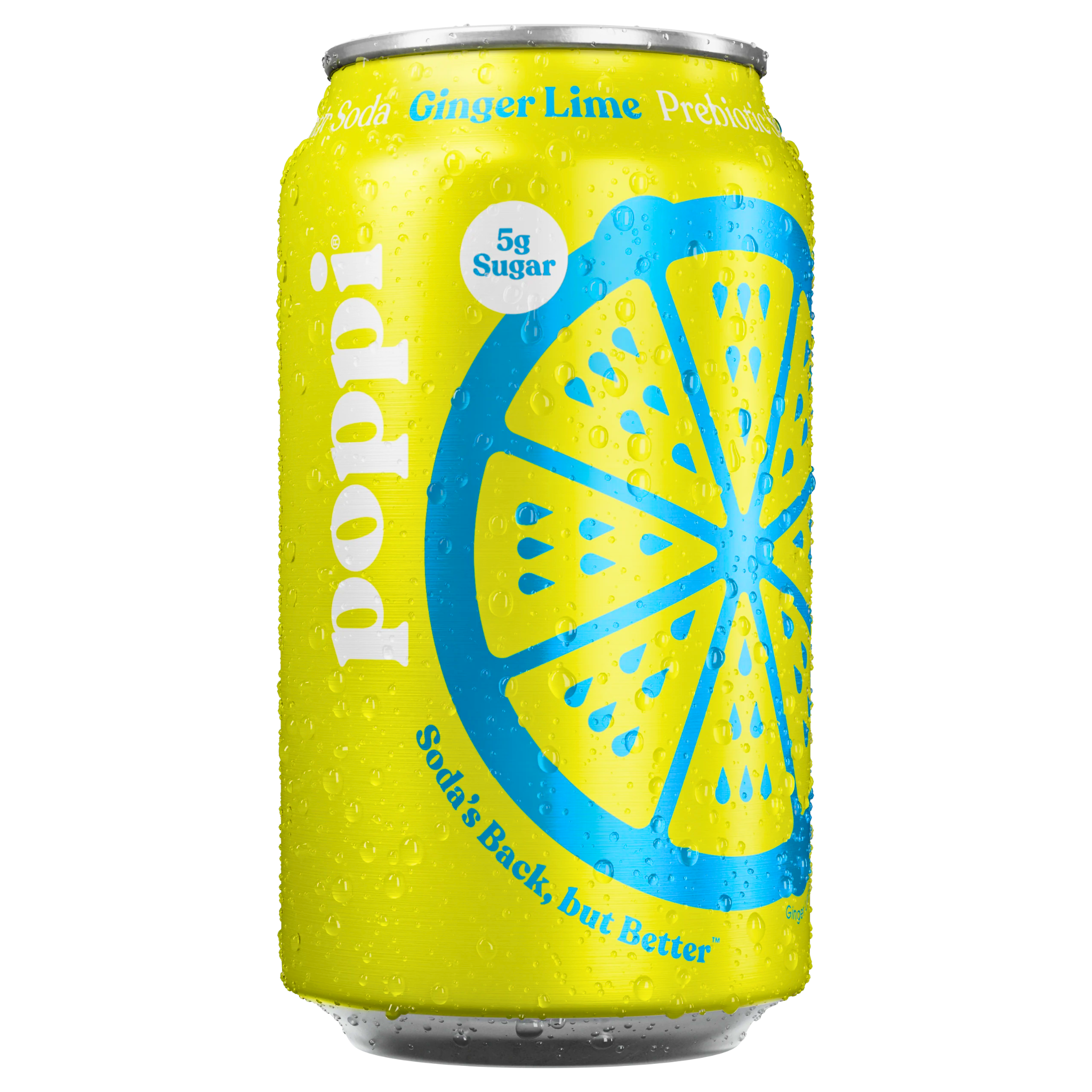Front of Poppi Ginger Lime Prebiotic Soda can displaying yellow colour, ginger lime flavour details, and pack size of 355ml.